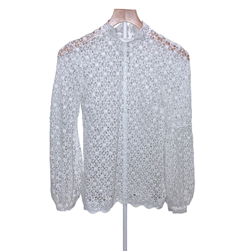 White Floral Lace Balloon Sleeve High Neck Blouse XS Festival Boho